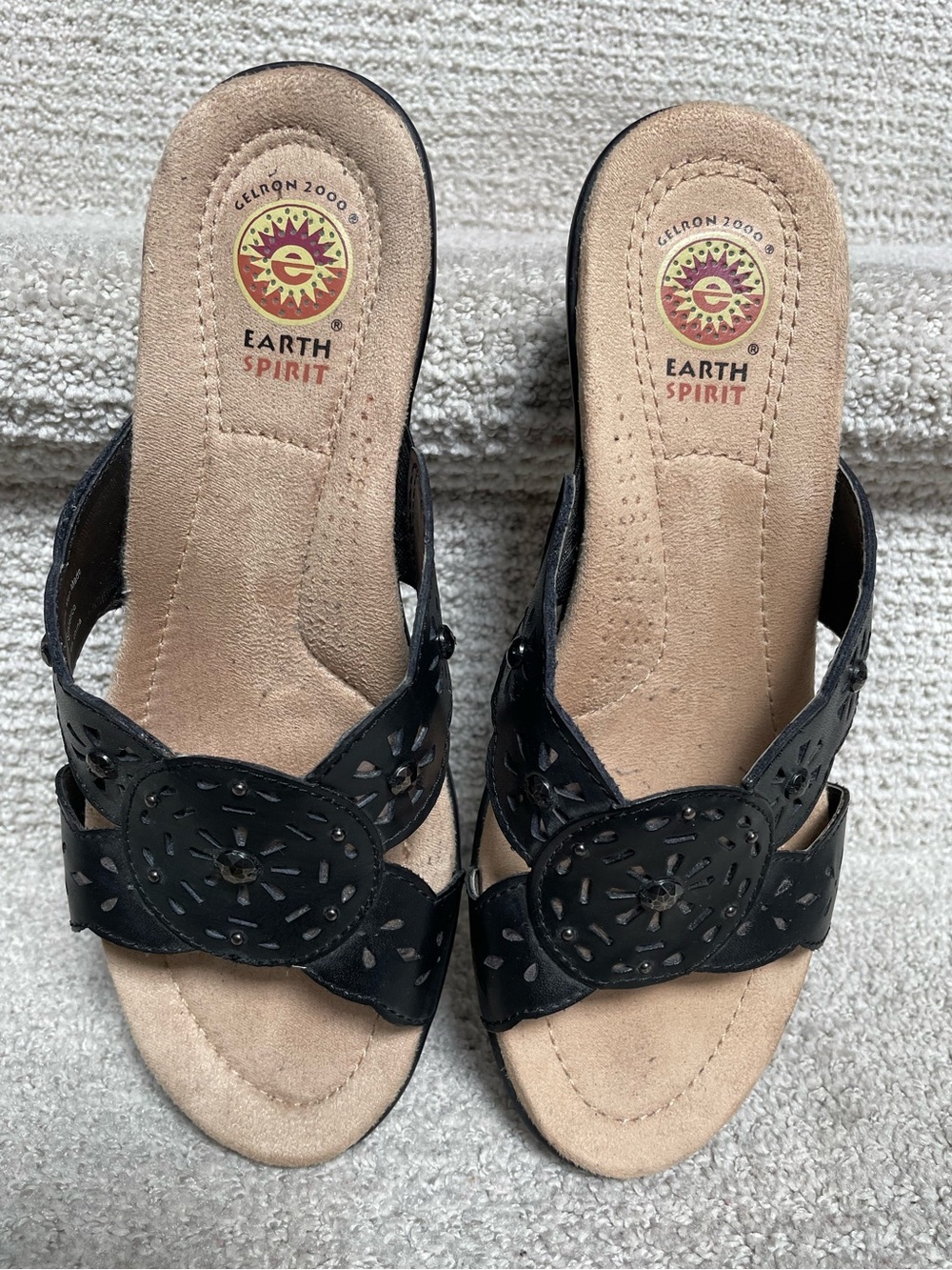 Earth Spirit Sandals Women's 8M Black Leather Maddy Wedge Slip On Shoes Boho